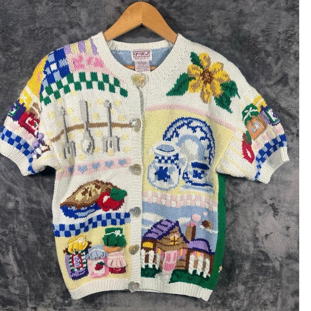 VTG 90s PBJ Sport Hand-Knit Art-To-Wear Embroidered Cardigan Sweater Medium
